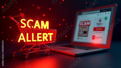 A digital illustration of a shopping cart with 'SCAM ALERT' glowing in bright neon against a dark background, near a laptop.