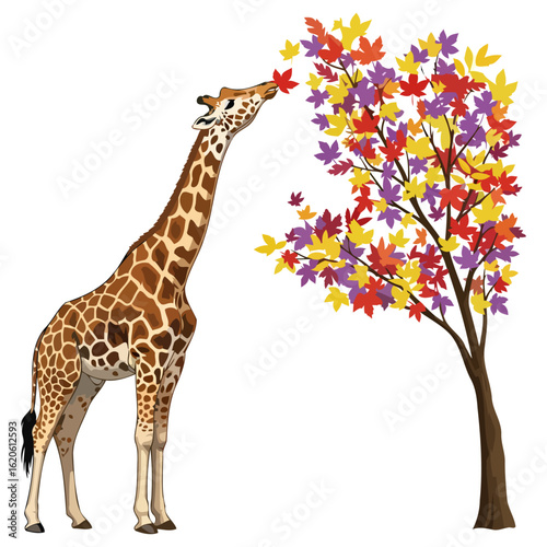 close-up of a giraffe gently nibbling autumn leaves, isolated on transparent background