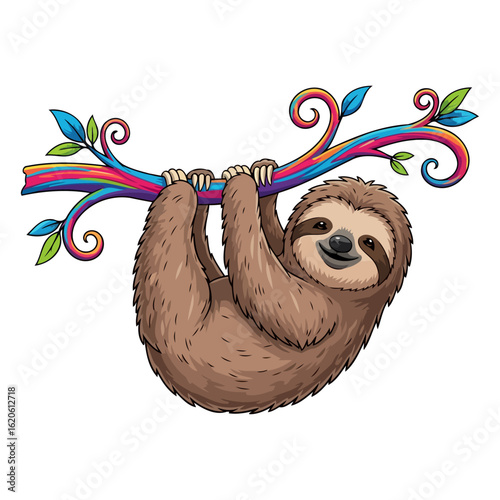 playful sloth hanging from vibrant rainbow branch, isolated on transparent background