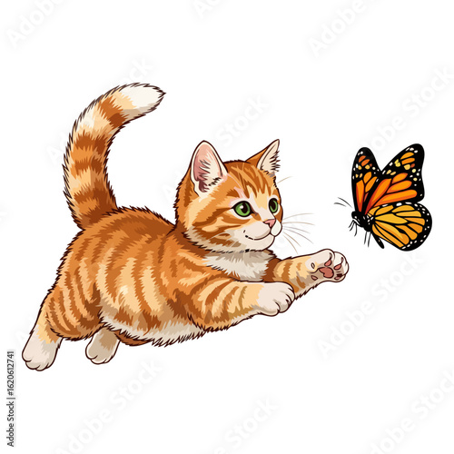 playful ginger kitten leaping to catch a monarch butterfly, isolated on transparent background