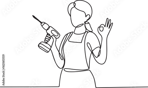 Continuous one line drawing of an attractive female carpenter holding a power drill and making OK gesture, symbolizing woodworking enthusiasm

