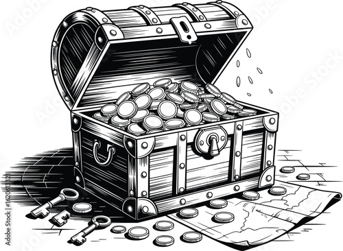 Vintage Treasure Chest Full of Gold Coins Engraved Illustration.