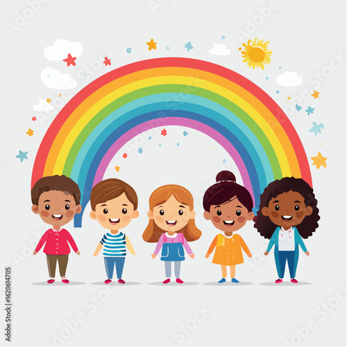 Verspieltes Kinderschutz-Logo mit freundlichen Kinderfiguren unter Regenbogen
