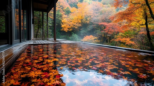 Vibrant autumn leaves floating on a warm onsen