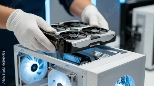 Hands wearing white gloves installing a graphics card into a computer case with blue led fans