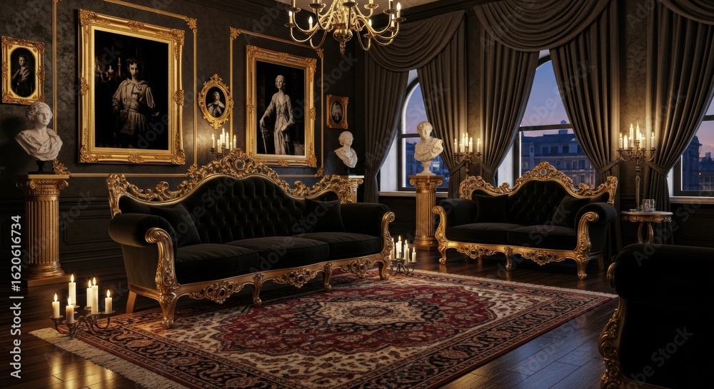 Fototapeta premium Ornate parlor showcasing elaborate dark sofas against an old world decorative design concept