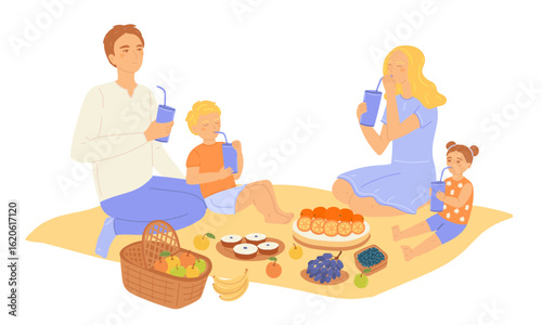 Happy family relaxing at park in summer picnic in flat cartoon design. Father, mother, son and daughter sit at blanket near fruits and cake, drinking, recreating outside. Vector illustration isolated.