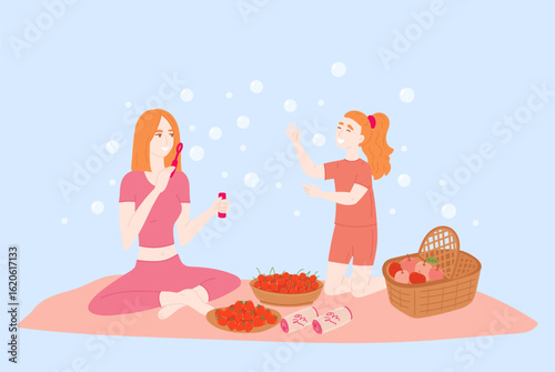 Happy family relaxing at park in summer picnic in flat cartoon design. Mother blowing bubbles, daughter playing, sit at blanket near fruits and drinks, recreate outside. Vector illustration isolated.