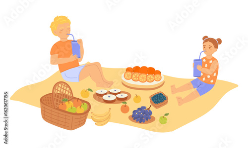 Happy little boy and girl relaxing at park in summer picnic in flat cartoon design. Sister and brother sit at blanket near fruits and cake, drinking, recreating outside. Vector illustration isolated.