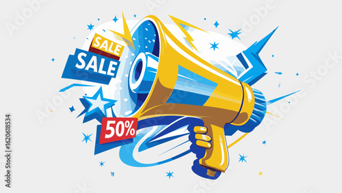 Vibrant illustration of a megaphone announcing a sale with bold text and graphic elements