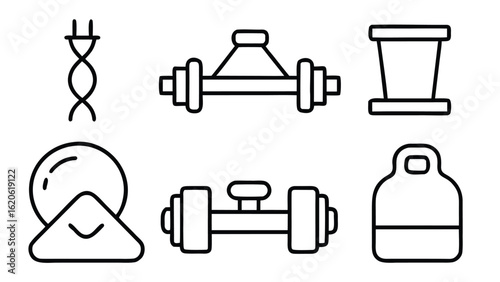 “Fitness and Gym Line Icon Set – Editable Thin Stroke Vector Illustrations of Workout, Cardio, and Equipment” fitness, gym, workout, exercise, health, wellness, training, cardio, bodybuilding

