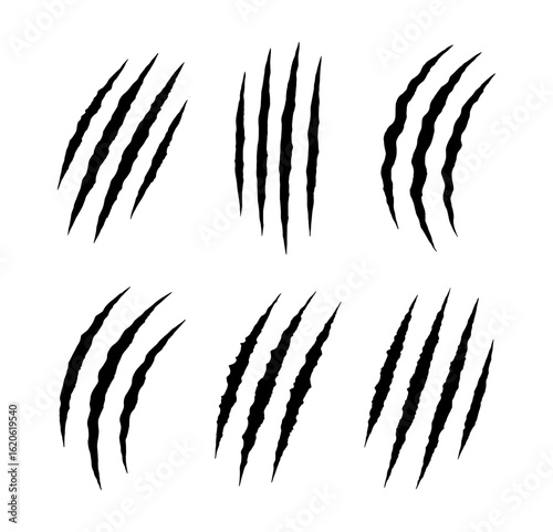 Six sets of three claw marks or scratches isolated on a white surface on transparent background