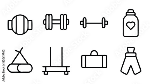 “Fitness and Gym Line Icon Set – Editable Thin Stroke Vector Illustrations of Workout, Cardio, and Equipment” fitness, gym, workout, exercise, health, wellness, training, cardio, bodybuilding

