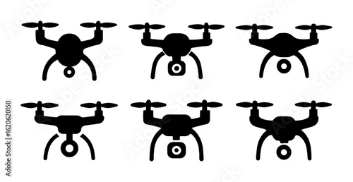 Six drones arranged in a grid pattern with varying orientations on transparent background