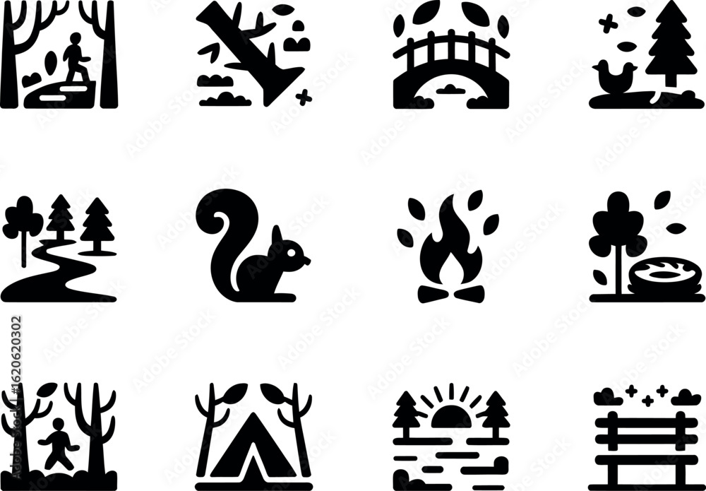 Naklejka premium Serene Nature Icons: Forest, Camping, Hiking, Wildlife, Simple Style