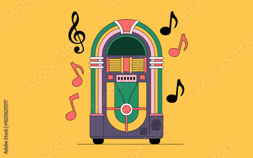 Retro Jukebox with Floating Music Notes in Vintage Style Illustration on Mustard Background for Nostalgic Design and Music Theme