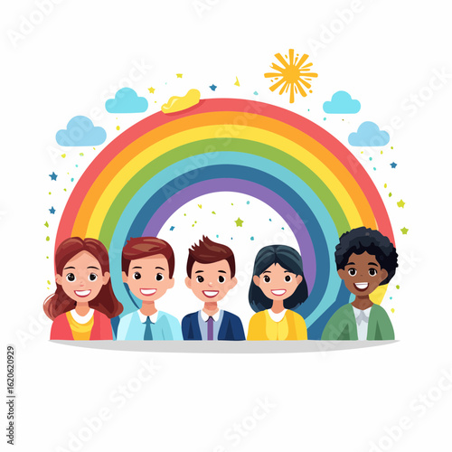 Verspieltes Kinderschutz-Logo mit freundlichen Kinderfiguren unter Regenbogen