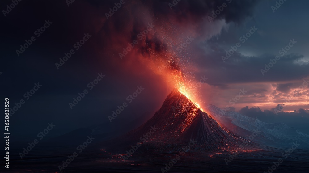 Fototapeta premium Prehistoric Volcanic Cataclysm Cinematic Visualization, Hyperdetailed Magma Core Eruption with Toxic Vortex in Primordial Landscape