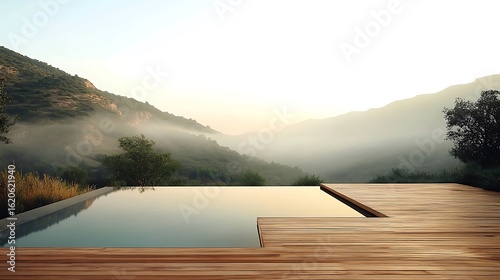 Warm wooden deck by a peaceful hilltop pool