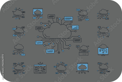 Abstract network diagram illustrating interconnected systems and data flow with stylized icons on a gray background