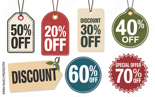 Colorful Discount Tags with Percentage Off for Retail Sales and Special Offers to Attract Customers to Shopping Malls