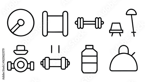 “Fitness and Gym Line Icon Set – Editable Thin Stroke Vector Illustrations of Workout, Cardio, and Equipment” fitness, gym, workout, exercise, health, wellness, training, cardio, bodybuilding

