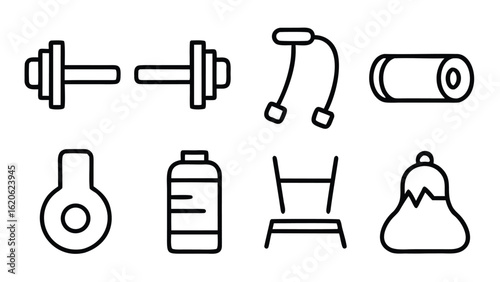 “Fitness and Gym Line Icon Set – Editable Thin Stroke Vector Illustrations of Workout, Cardio, and Equipment” fitness, gym, workout, exercise, health, wellness, training, cardio, bodybuilding

