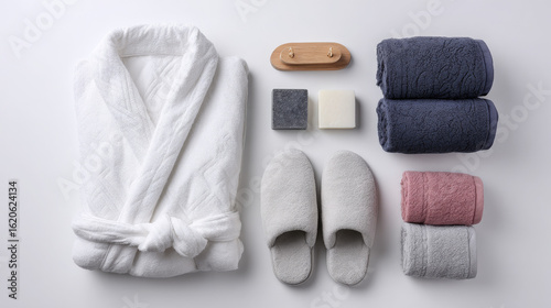 Top-down image of a clean bathrobe, towel, and slippers arranged neatly on a white surface