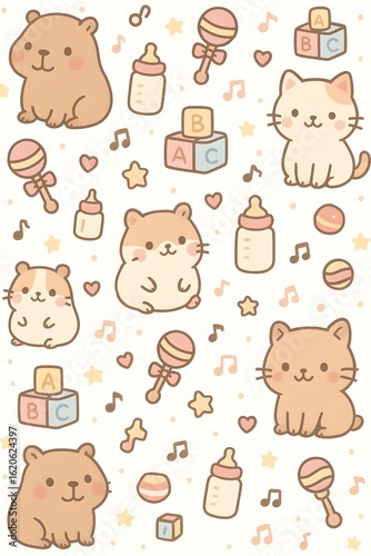 Cute Capybara, Cat, and Hamster – Kawaii Baby Animal Seamless Pattern