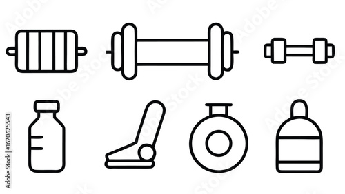 “Fitness and Gym Line Icon Set – Editable Thin Stroke Vector Illustrations of Workout, Cardio, and Equipment” fitness, gym, workout, exercise, health, wellness, training, cardio, bodybuilding

