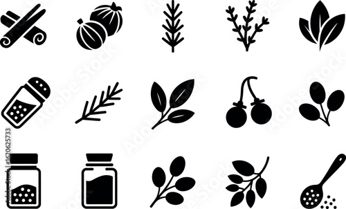 Black and white spice icons: culinary herbs, seasonings, and pepper.