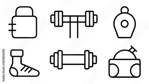 “Fitness and Gym Line Icon Set – Editable Thin Stroke Vector Illustrations of Workout, Cardio, and Equipment” fitness, gym, workout, exercise, health, wellness, training, cardio, bodybuilding

