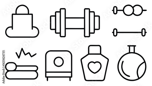 “Fitness and Gym Line Icon Set – Editable Thin Stroke Vector Illustrations of Workout, Cardio, and Equipment” fitness, gym, workout, exercise, health, wellness, training, cardio, bodybuilding

