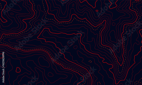 Red Topographic Contour Lines on Black Background – Perfect for Digital Design Backgrounds, Print Products, Branding and Interior Decoration, UI/UX and Motion Graphics, Infografis or Conceptual Maps