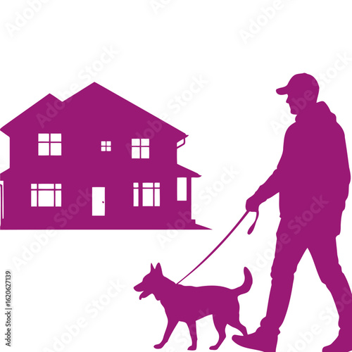serene evening stroll: man walking dog near house silhouette, isolated on transparent background