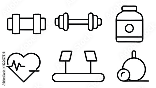 “Fitness and Gym Line Icon Set – Editable Thin Stroke Vector Illustrations of Workout, Cardio, and Equipment” fitness, gym, workout, exercise, health, wellness, training, cardio, bodybuilding

