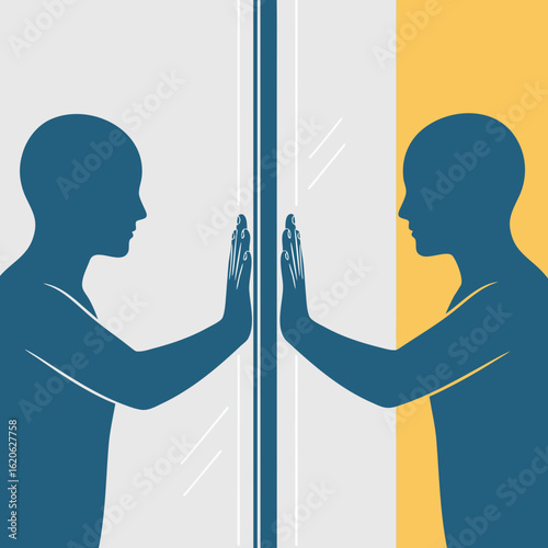The two figures are separated by glass, a metaphor for self-alienation, internal conflict, separation from the true self, barriers to self-discovery, and a sense of isolation.