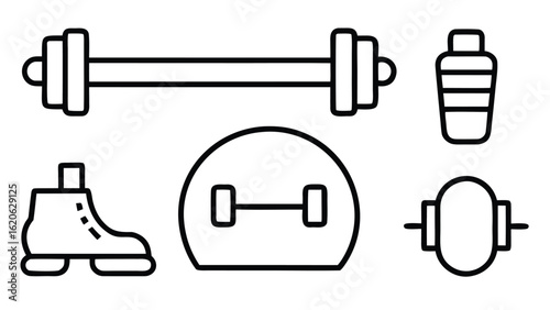 “Fitness and Gym Line Icon Set – Editable Thin Stroke Vector Illustrations of Workout, Cardio, and Equipment” fitness, gym, workout, exercise, health, wellness, training, cardio, bodybuilding


