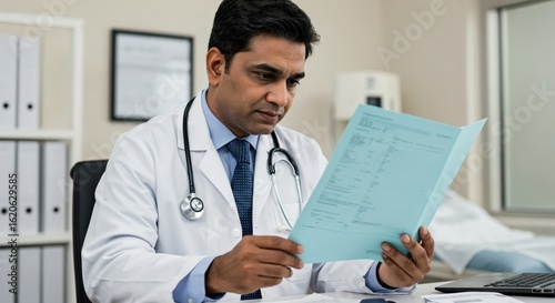 Indian male doctor sitting at desk and reading patient medical records in a clinic office. Healthcare professional analyzing a report. Physician reviewing test results.