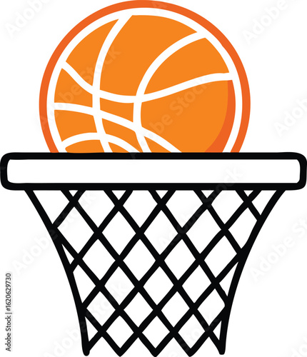Orange basketball going through a black basketball hoop net.