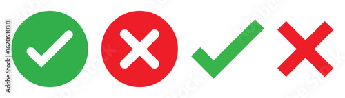 Set of red tick mark and cross mark isolated with white background, check and red cross mark icon set. checkmark and x mark icon use for apps and website. checkmark, icon, vector.