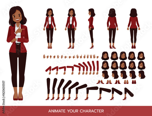 Businesswoman wear red suit character constructor. Flat design vector kit with poses and emotions for animation and explainer videos.