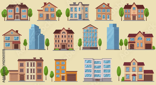 Colorful Flat Illustration of Urban and Suburban Buildings – City Architecture Concept
