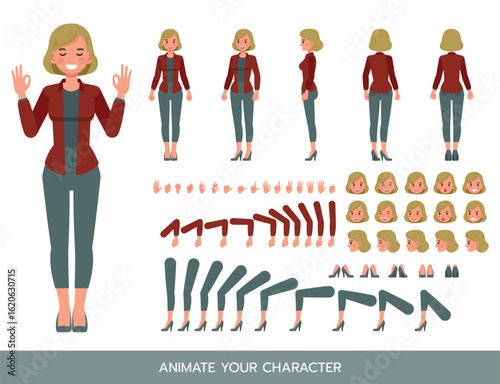 Businesswoman with bronze hair wearing red shirt character constructor. Flat design vector kit with poses and emotions for animation and explainer videos.