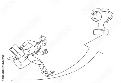 Single continuous line drawing reach for trophy. Businessman runs to target. Man working for goal, success, development, ability, victory, motivation. Hand drawn one line vector. Editable stroke