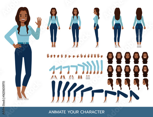 Businesswoman with long wavy hair wear blue shirt character constructor. Flat design vector kit with poses and emotions for animation and explainer videos.