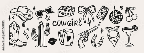 Whimsical cowgirl doodle set. Vintage texas whimsy hand drawn line art western boot, hat, horseshoe, cactus elements. Coquette cute rodeo west girl vector outline illustration