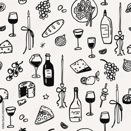 Seamless pattern with whimsical wine party and food, cheese line art sketch background. Whimsy mediterranean dinner summer hand drawn doodle print. Wedding coquette vector print fabric illustration