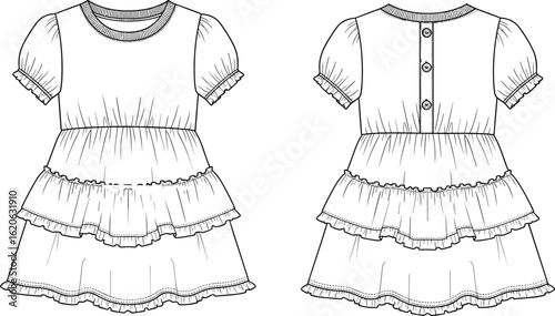 Women's A-Line Dress Flat Sketch Vector Illustration for Casual Apparel Design, Sleeveless Tiered Maxi Dress Technical CAD Drawing.