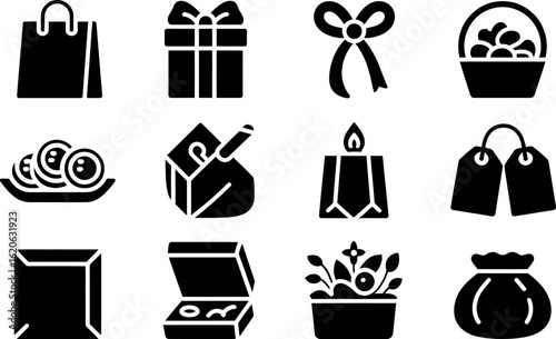Black Glyph Icons: Shopping, Gifts, Presents, and Festive Occasions